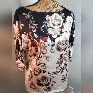 Silk White House Black Market Black and Cream Floral Blouse
